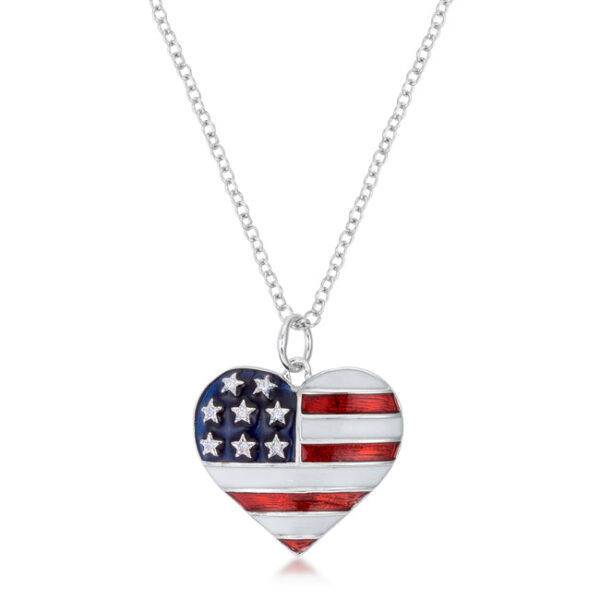 Heart-shaped pendant painted as an American flag in red, white and blue enamel, on a rhodium plated chain