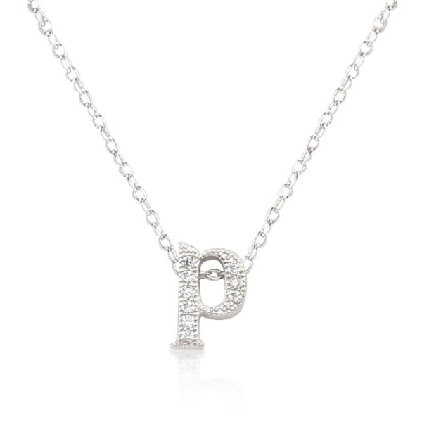 Initial P pendant covered in small pave-set cubic zirconia stones on a link chain