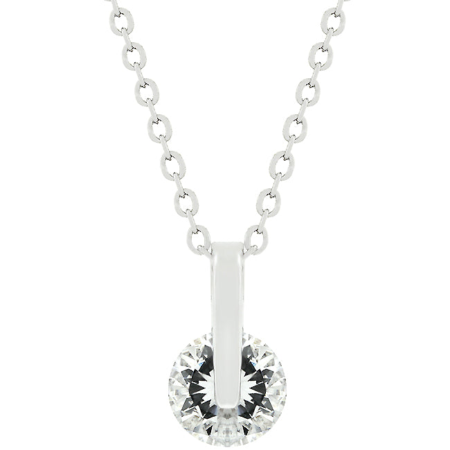 Rhodium plated pendant with a round cubic zirconia held in a tension setting, shown on its chain