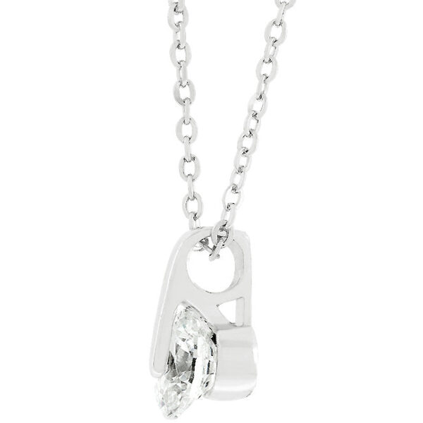 Close-up of the round cubic zirconia solitaire pendant showing the tension setting from an angle