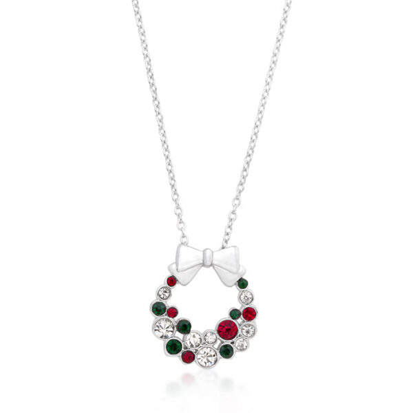 Holiday wreath pendant with round crystals set in bezel settings on a chain with lobster clasp