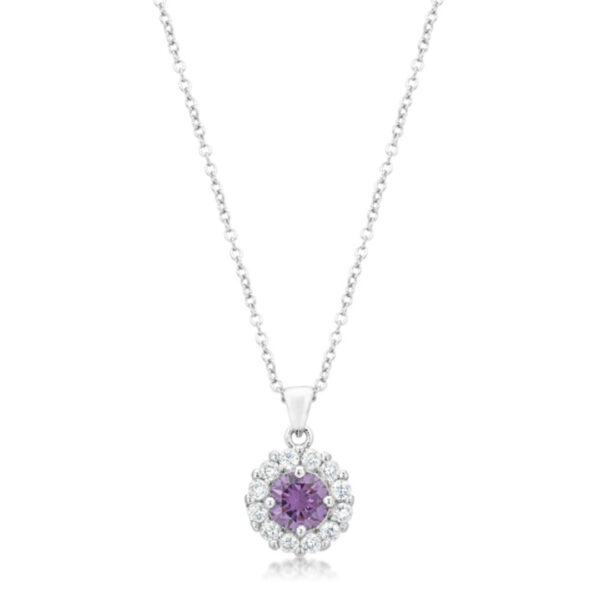 Purple round cubic zirconia pendant with prong setting on a rhodium plated chain