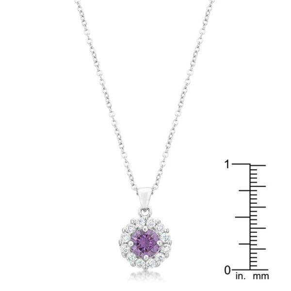 Close-up of the purple pendant showing the chain length and lobster clasp detail