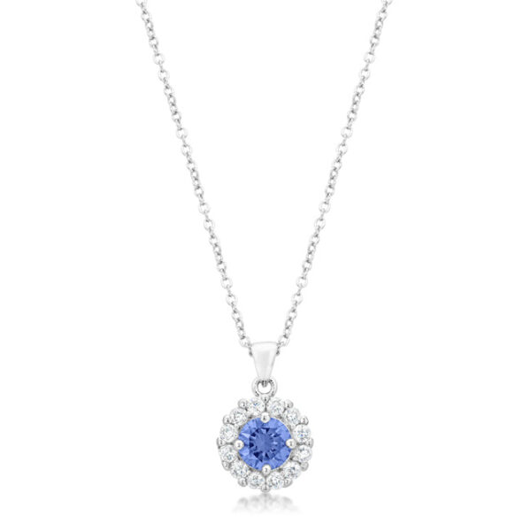 Rhodium plated pendant with a round purple-toned cubic zirconia in a prong setting, on a chain with lobster clasp
