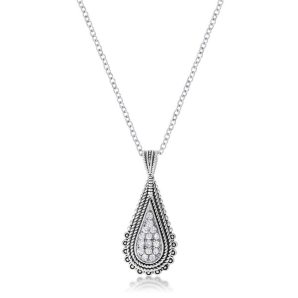 Teardrop pendant necklace with round cubic zirconia stones set in rhodium plated metal, shown against a plain background