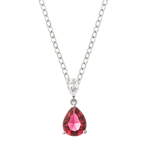 Pear-shaped pendant necklace with a clear cubic zirconia stone in a rhodium plated setting