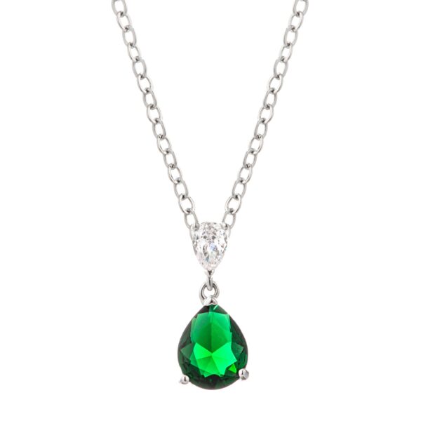 Pear-shaped pendant with clear cubic zirconia set in rhodium plated brass, shown on a plain background