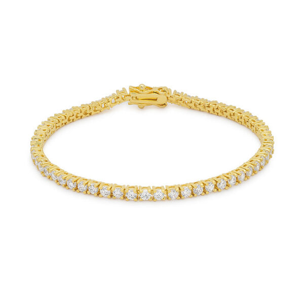 Goldtone tennis bracelet with a row of round cubic zirconia stones laid flat