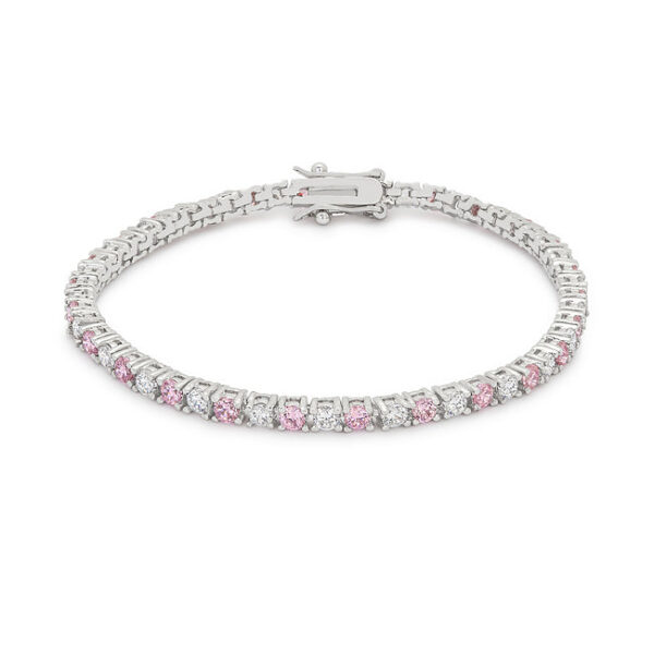 Tennis bracelet with round pink cubic zirconia stones set in a row along its length