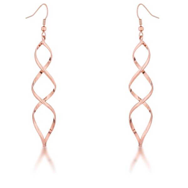 The earrings shown against a plain background, highlighting the spiral shape