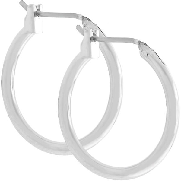 Pair of silvertone hoop earrings with a bright rhodium finish against a plain background