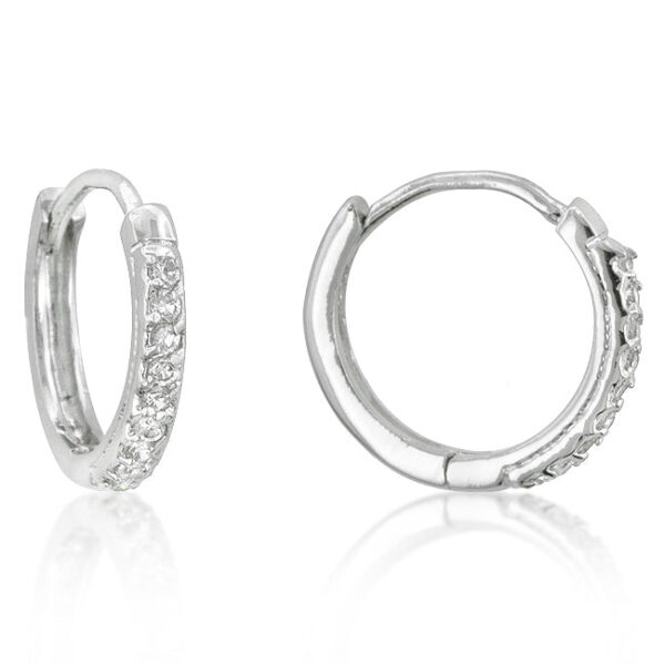 Pair of small rhodium plated hoop earrings with pave-set round cubic zirconia stones and lever backs