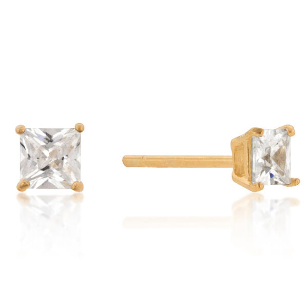 Pair of princess cut cubic zirconia stud earrings with a goldtone plated finish on butterfly backs