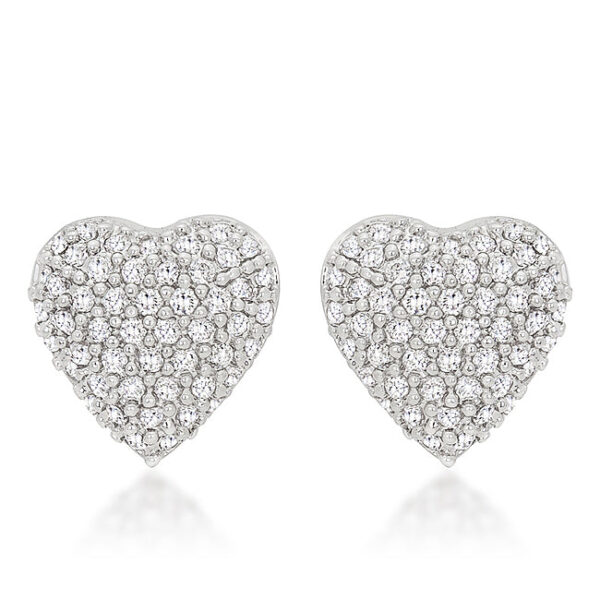 Heart-shaped earrings covered in small round pave-set clear stones, shown on a post backing