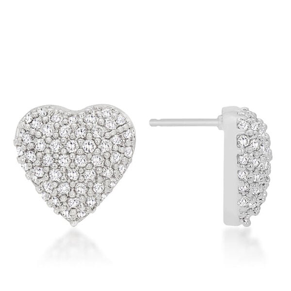 Close-up of pave-set round clear stones on a heart-shaped earring against a plain background