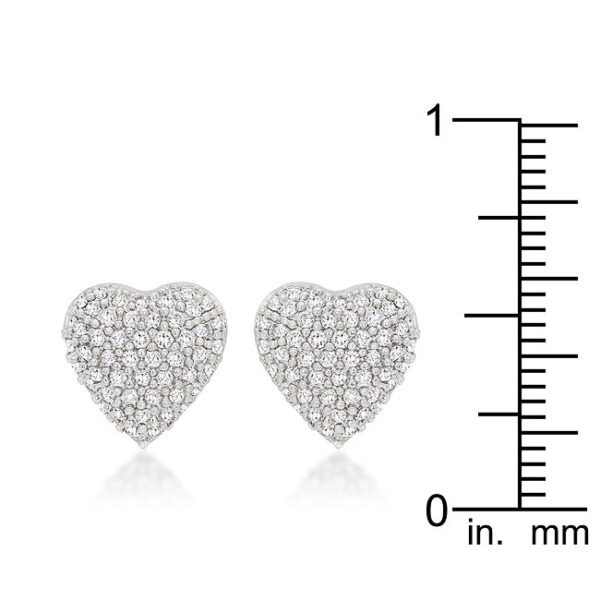 Pair of heart-shaped pave earrings placed together showing matching stone coverage and metal finish