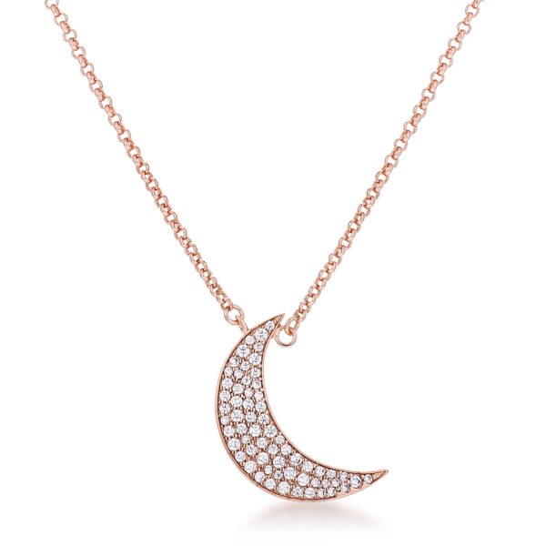 Crescent moon pendant pavé-set with stones on a chain, in a rose tone