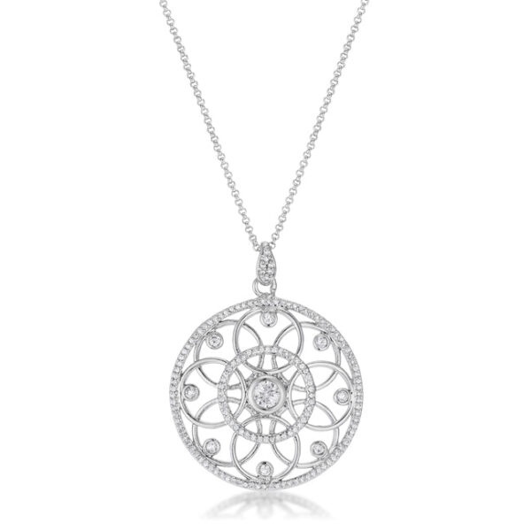 Rhodium plated pendant necklace with interlocking circles set with round cubic zirconia stones