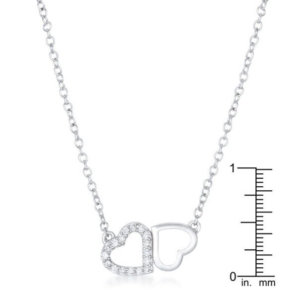 Rhodium-plated hearts pendant shown at an angle, showing where the two heart shapes overlap
