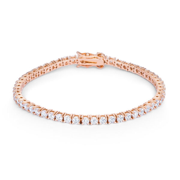 Rose goldtone tennis bracelet laid flat, showing the full row of round cubic zirconia stones