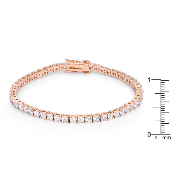 Close-up of several prong-set round cubic zirconia stones on the rose goldtone bracelet band