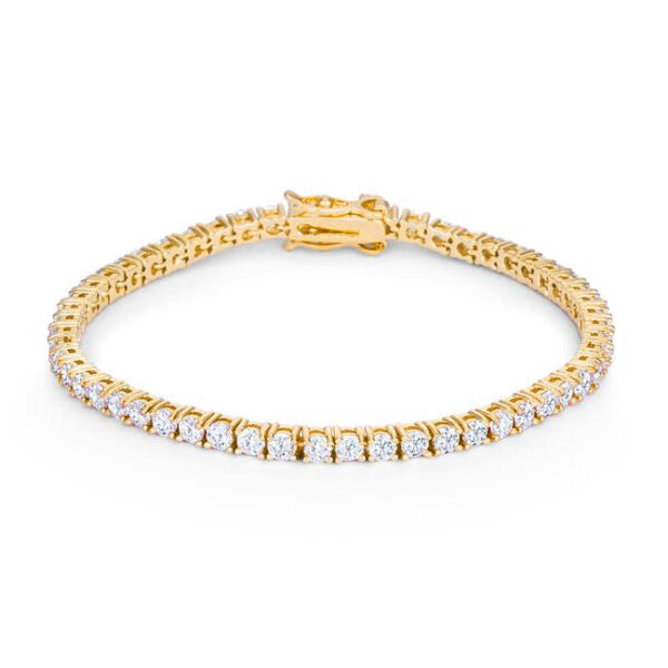 Goldtone tennis bracelet with a row of round cubic zirconia stones in prong settings