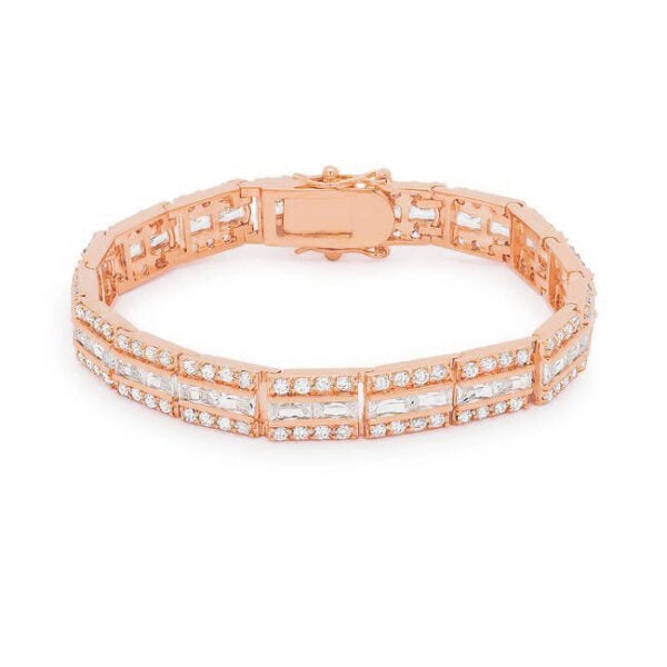 Rose goldtone plated bracelet with prong-set black cubic zirconia stones and a lock clasp, laid flat
