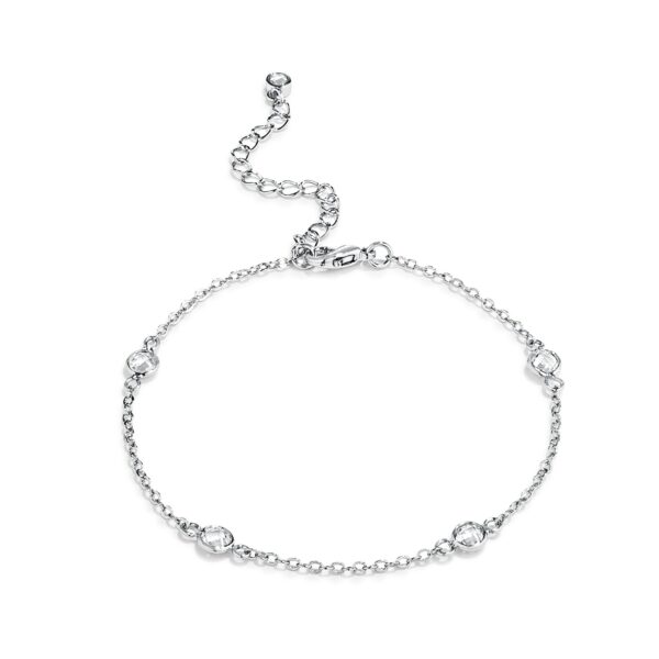 Bracelet with round clear CZ stones set in bezels along a silvertone chain, lobster clasp visible