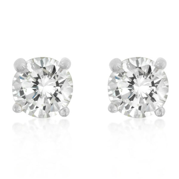 Round cubic zirconia stud earrings with a bright white rhodium plated finish