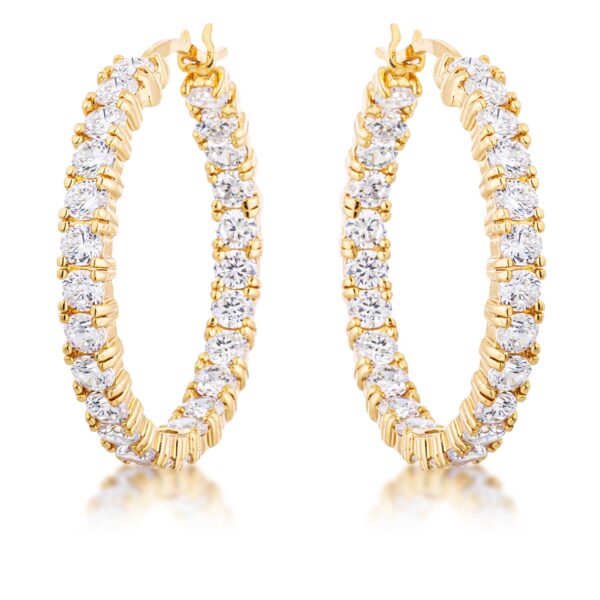 18K Gold plated hoop earrings lined with round cubic zirconia stones set in prongs
