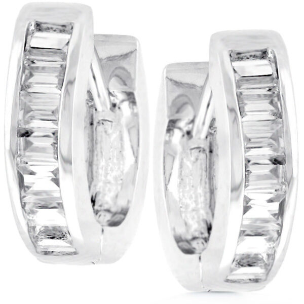 The earrings with channel-set cubic zirconia stones on a rhodium plated hoop