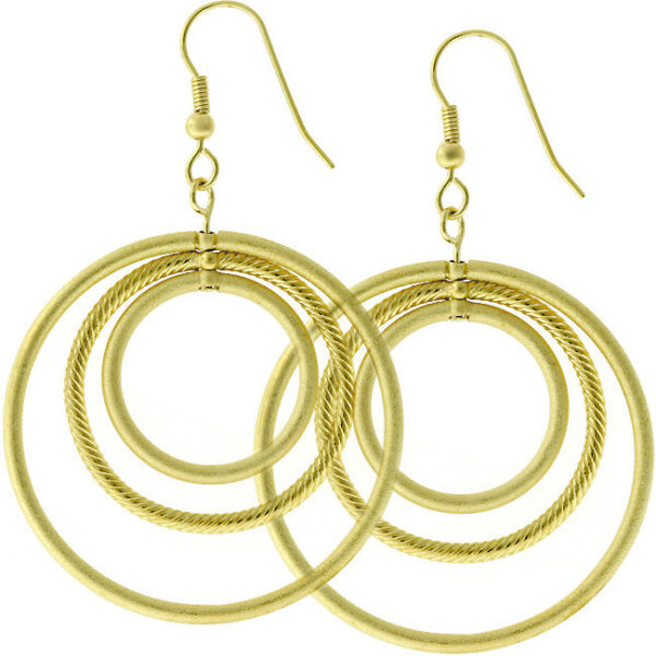 Pair of layered goldtone hoop earrings with hook backing shown against a plain background