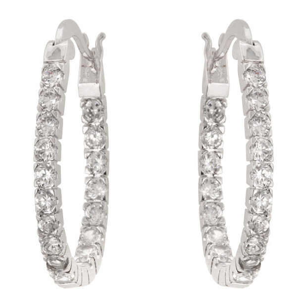 Rhodium plated hoop earrings with round cubic zirconia stones set in prongs around the band