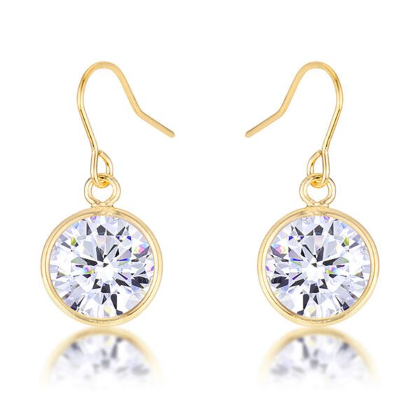 Pair of 18K gold plated drop earrings, each with a round cubic zirconia in a bezel setting