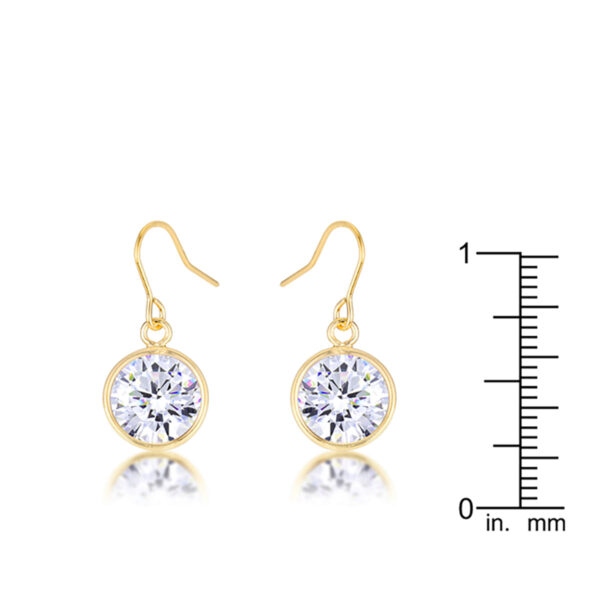 Close-up of one 18K gold plated drop earring showing the bezel-set round cubic zirconia stone