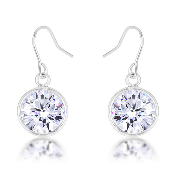 Bezel-set round cubic zirconia stud earring shown at close range on a fish hook back