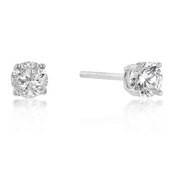 Pair of round cubic zirconia stud earrings in rhodium plated sterling silver with butterfly backs