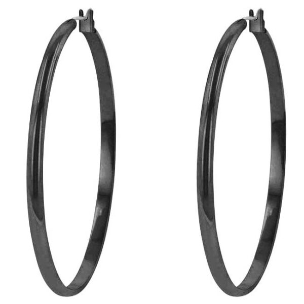 Pair of black-tone hoop earrings shown against a plain background