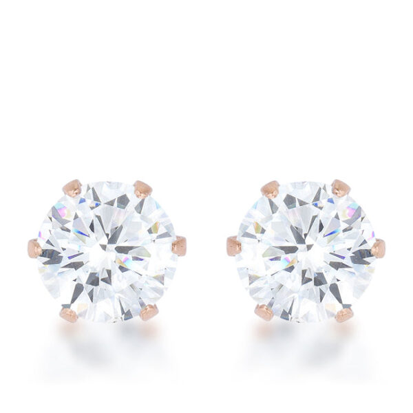 Rose goldtone stud earring with a round cubic zirconia stone in a prong setting, shown close up