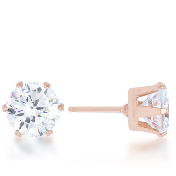 Pair of rose goldtone stud earrings laid flat side by side on a plain background