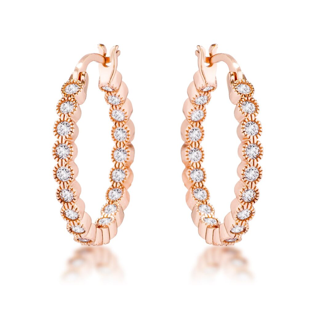Rose gold plated hoop earrings with a dotted bezel of round clear CZ stones