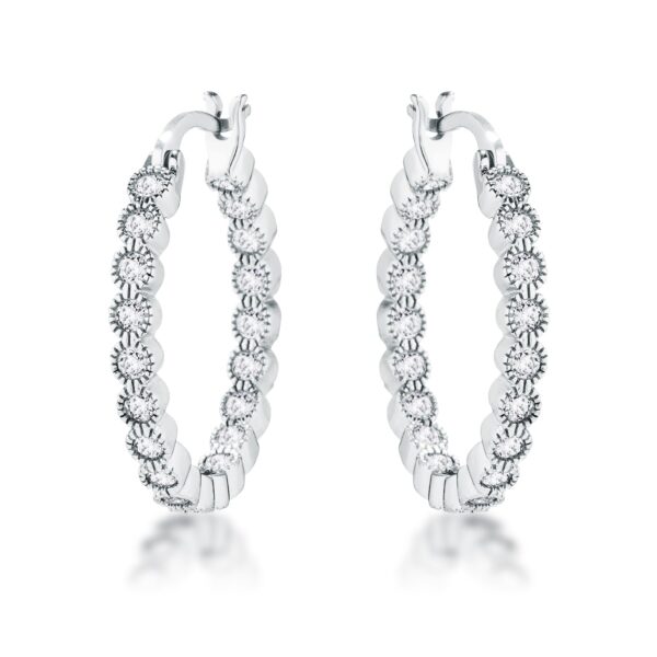 Rhodium plated hoop earrings with clear CZ stones set in a dotted round bezel