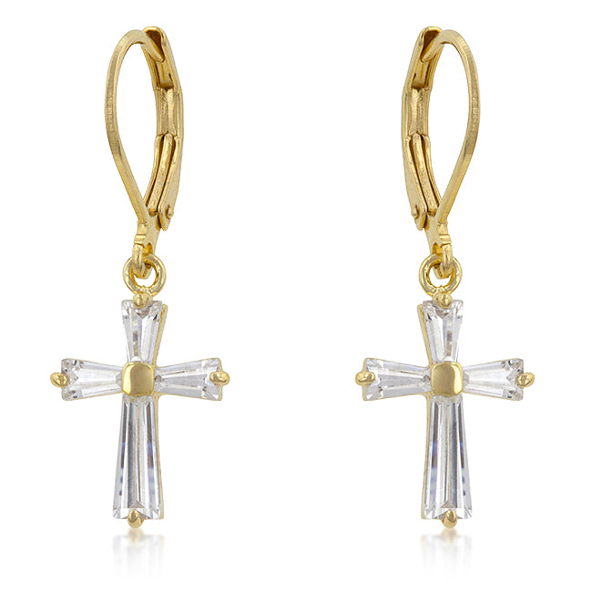 Pair of goldtone cross earrings with cubic zirconia stones set in prongs, lever backing visible
