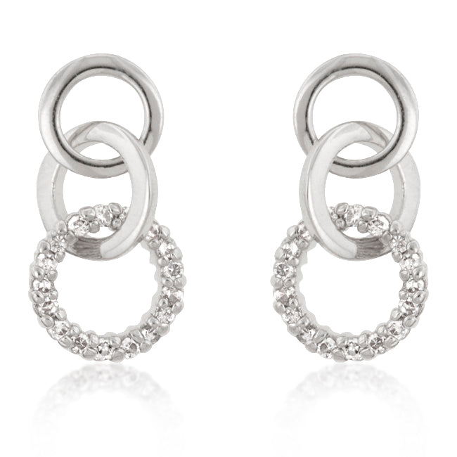 Pair of rhodium plated triplet hooplet earrings with round cubic zirconia stones in prong settings