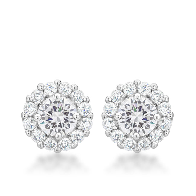 Pair of rhodium plated earrings with round clear cubic zirconia stones in prong settings