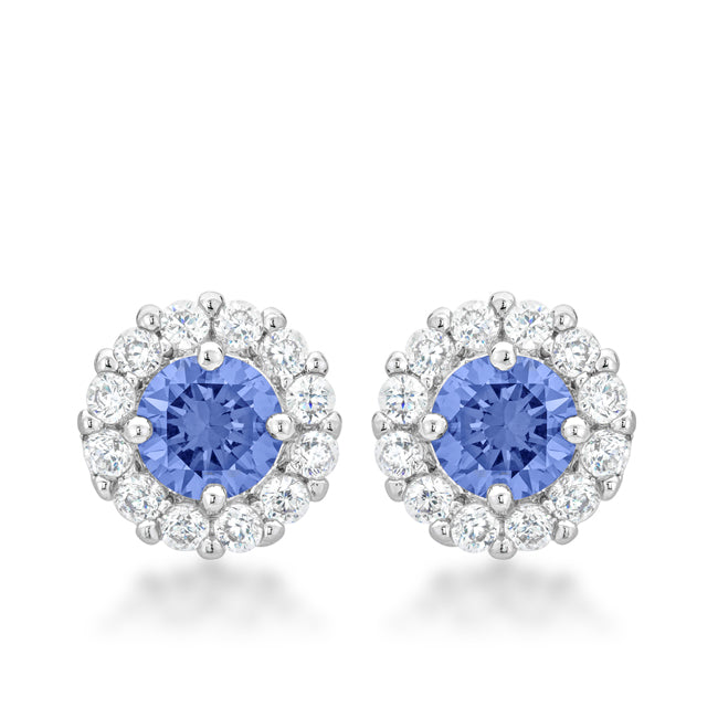 Pair of round cubic zirconia earrings with rhodium plated prong settings and butterfly post backs
