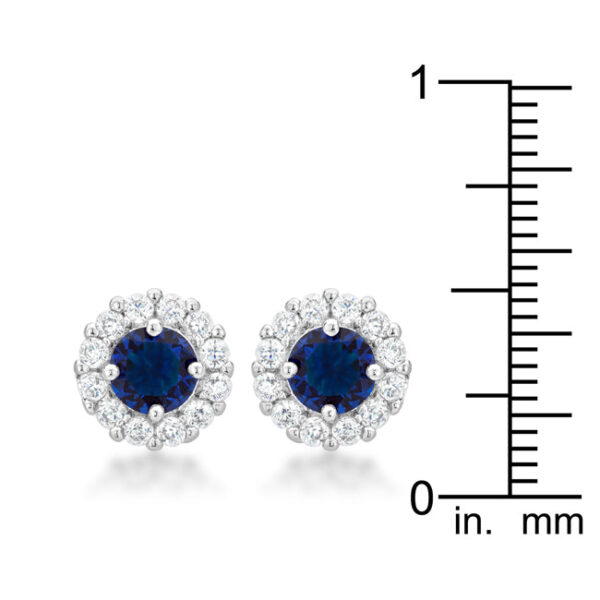 Close-up angle of the blue earrings showing the rhodium plated metal and butterfly post backing