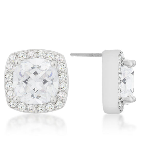 Close-up of a single earring showing prong-set cubic zirconia stones and rhodium plated metal