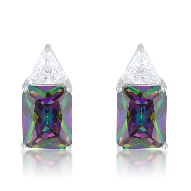 Pair of rhodium-plated stud earrings with trillion cut cubic zirconia stones in prong settings