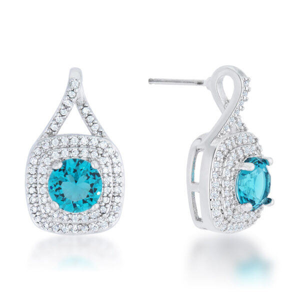 Close-up of one earring showing the prong-set round aqua cubic zirconia
